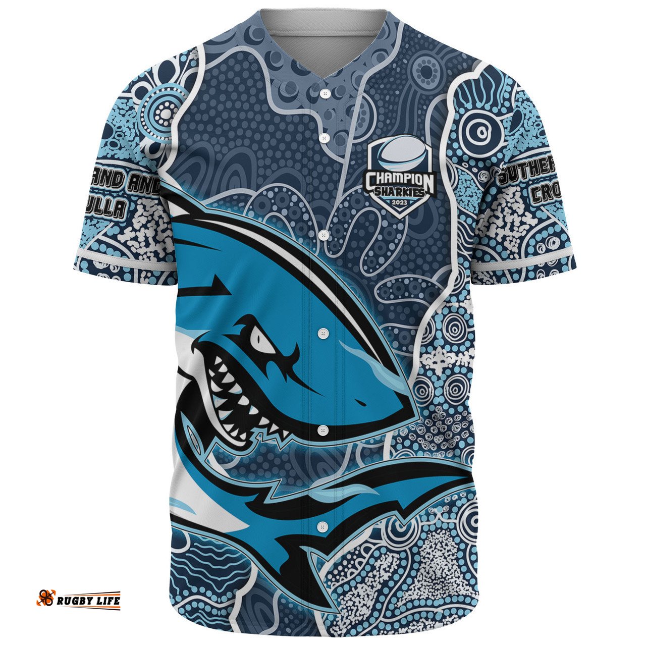 Amazing Aussie Cronulla Sutherland Sharks Grand Final Custom Custom Cronulla Sutherland Sharks and Sutherland Sharkies With Contemporary Style Of Aboriginal Painting Baseball Shirt