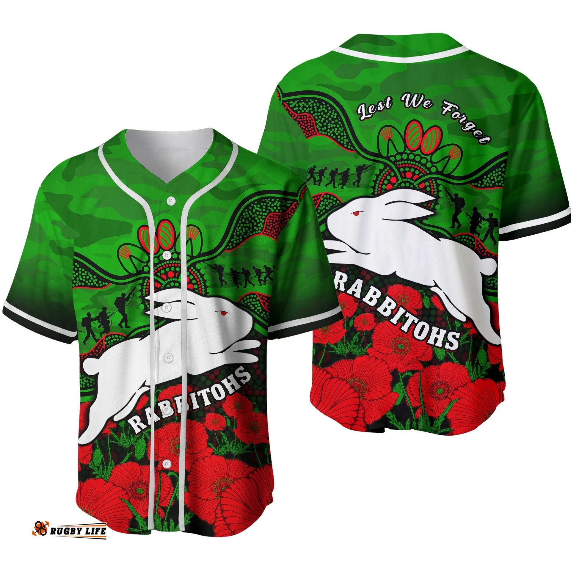 Rabbitohs Rugby ANZAC Baseball Jersey Shirt South Sydney Camouflage Poppy Aboriginal Ver.02