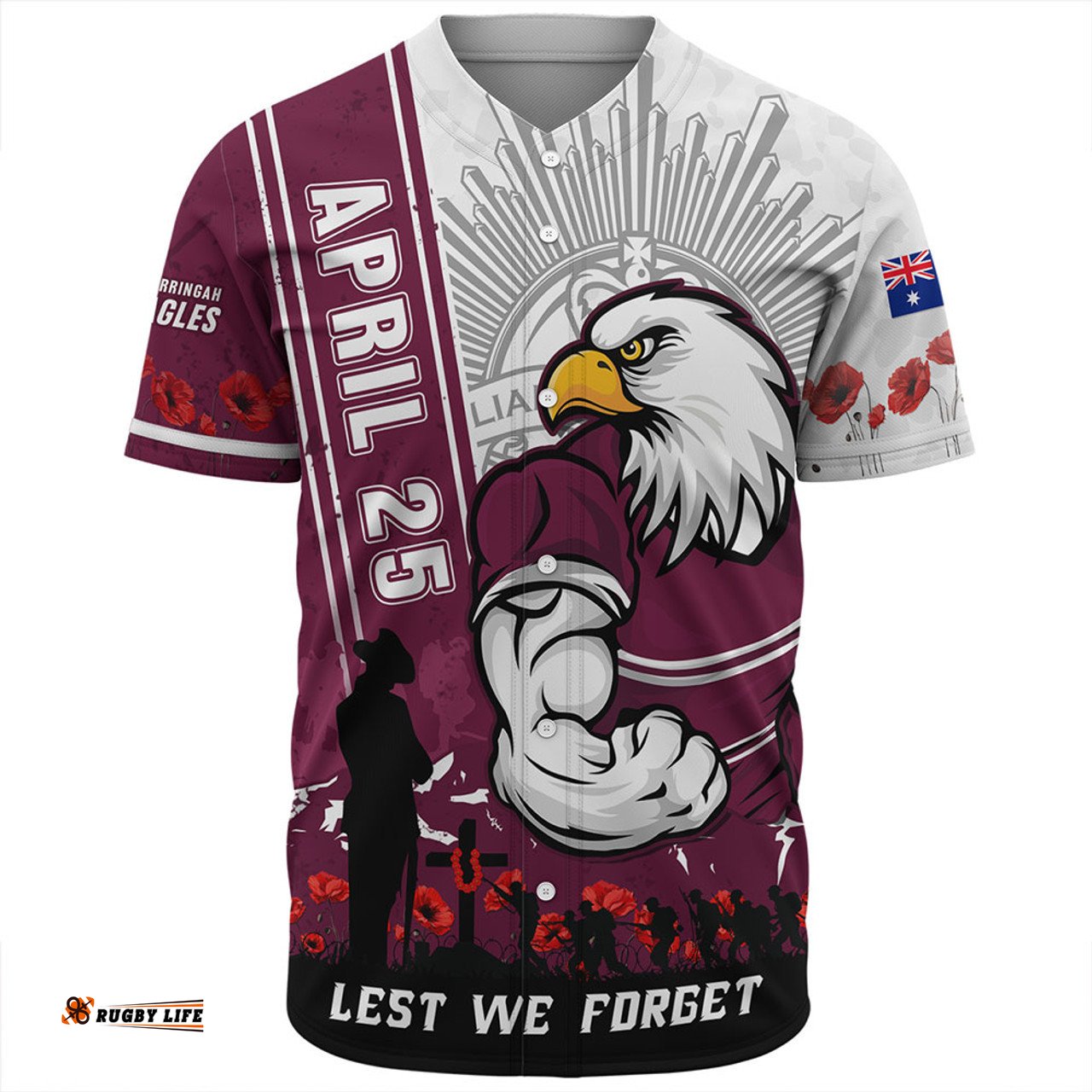 Amazing Aussie Manly Warringah Sea Eagles Anzac Day Lest We Forget Strong Fighting Spirit Baseball Shirt