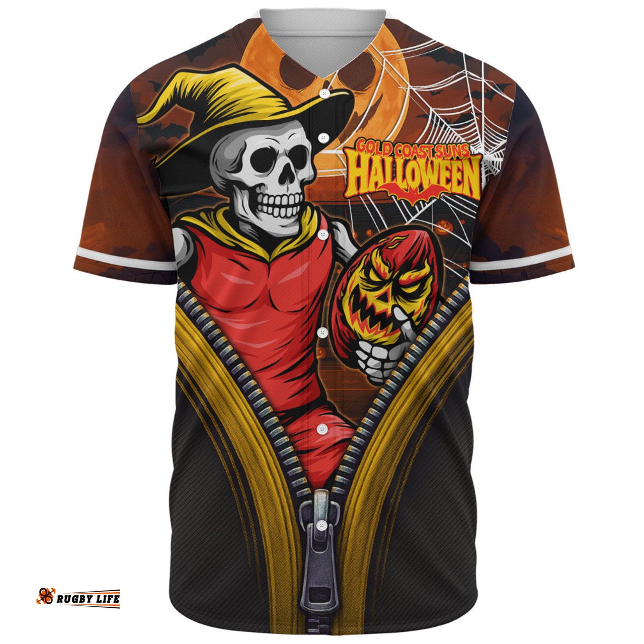 Amazing Aussie Gold Coast SUNS Halloween Night Reaper Zipper Baseball Shirt