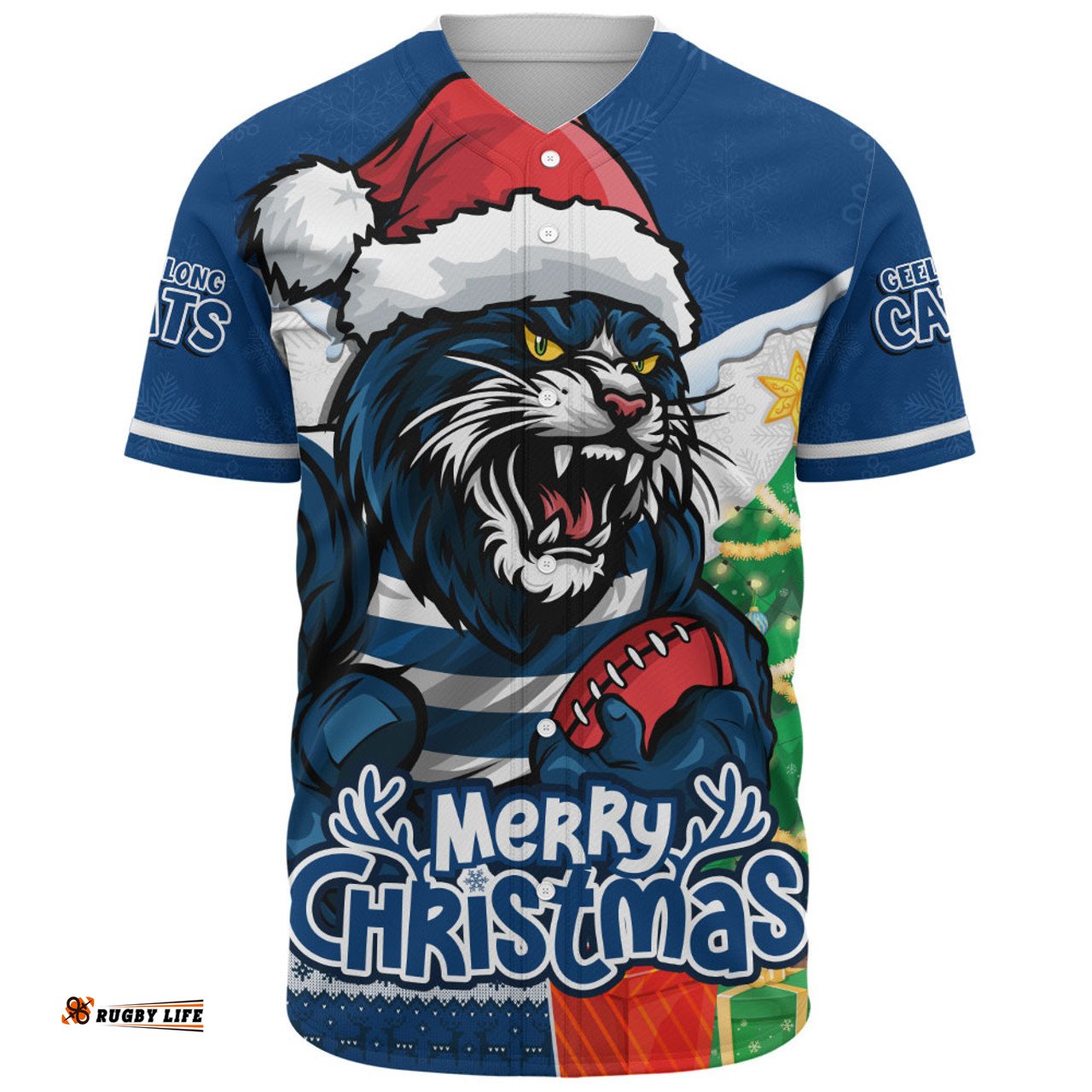 Amazing Aussie Geelong Cats Santa Scoring Touchdown On Christmas Game Day Baseball Shirt