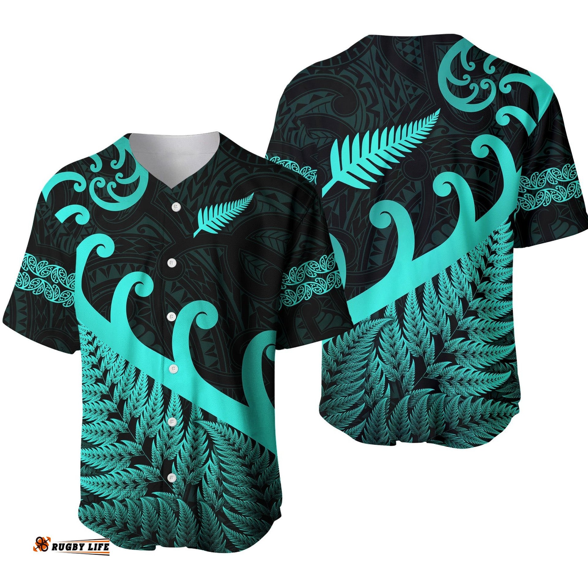 New Zealand Rugby Maori Baseball Jersey Shirt Silver Fern Koru Vibes Turquoise