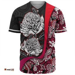 Amazing Aussie Australia Warratah Goanna Aboriginal Waratah Flowers With Red Lizards, Stones, Sand Dot Art Painting Inspired Baseball Shirt