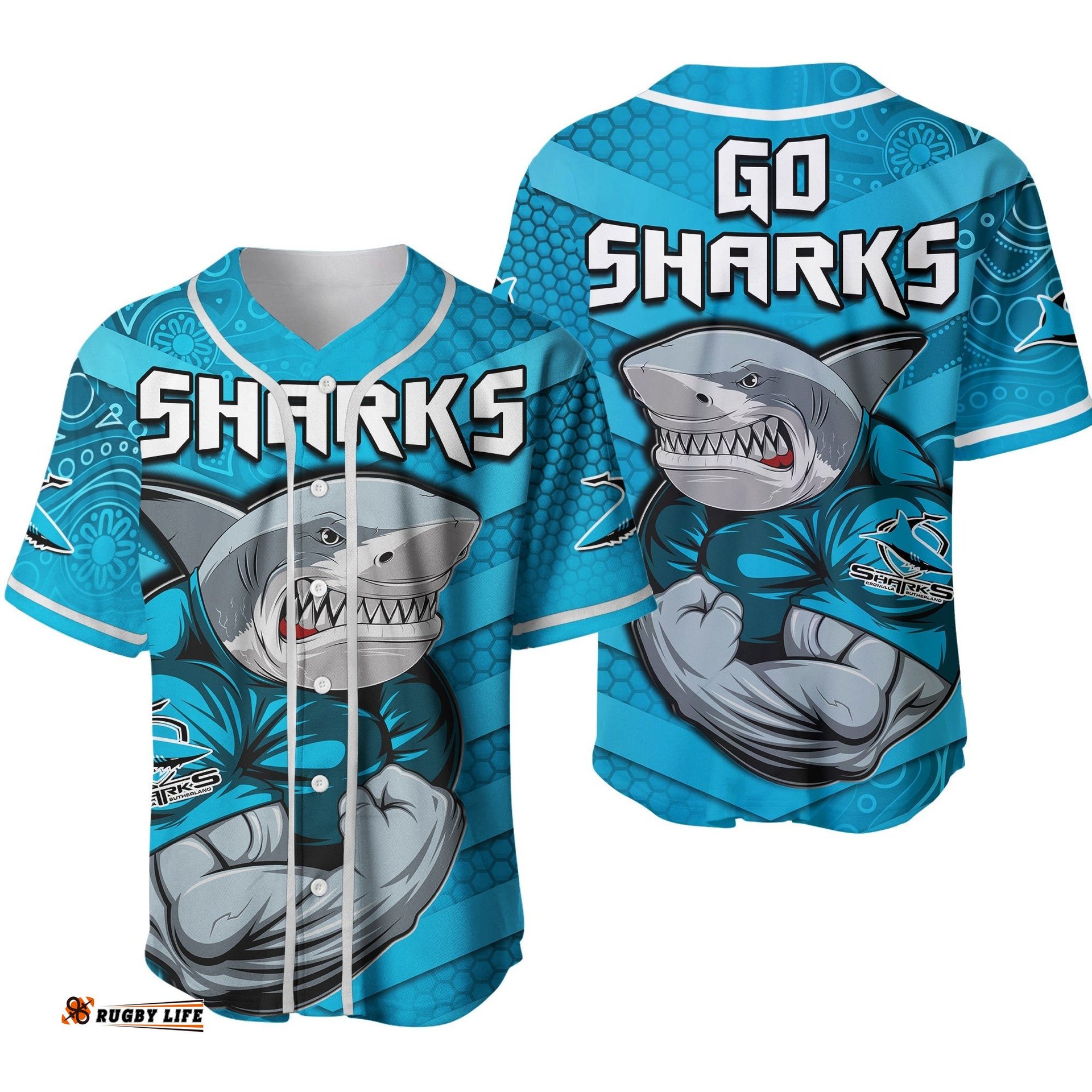 Sharks Rugby Baseball Jersey Shirt Go Sharkies Aboriginal Sporty Version Ver.02