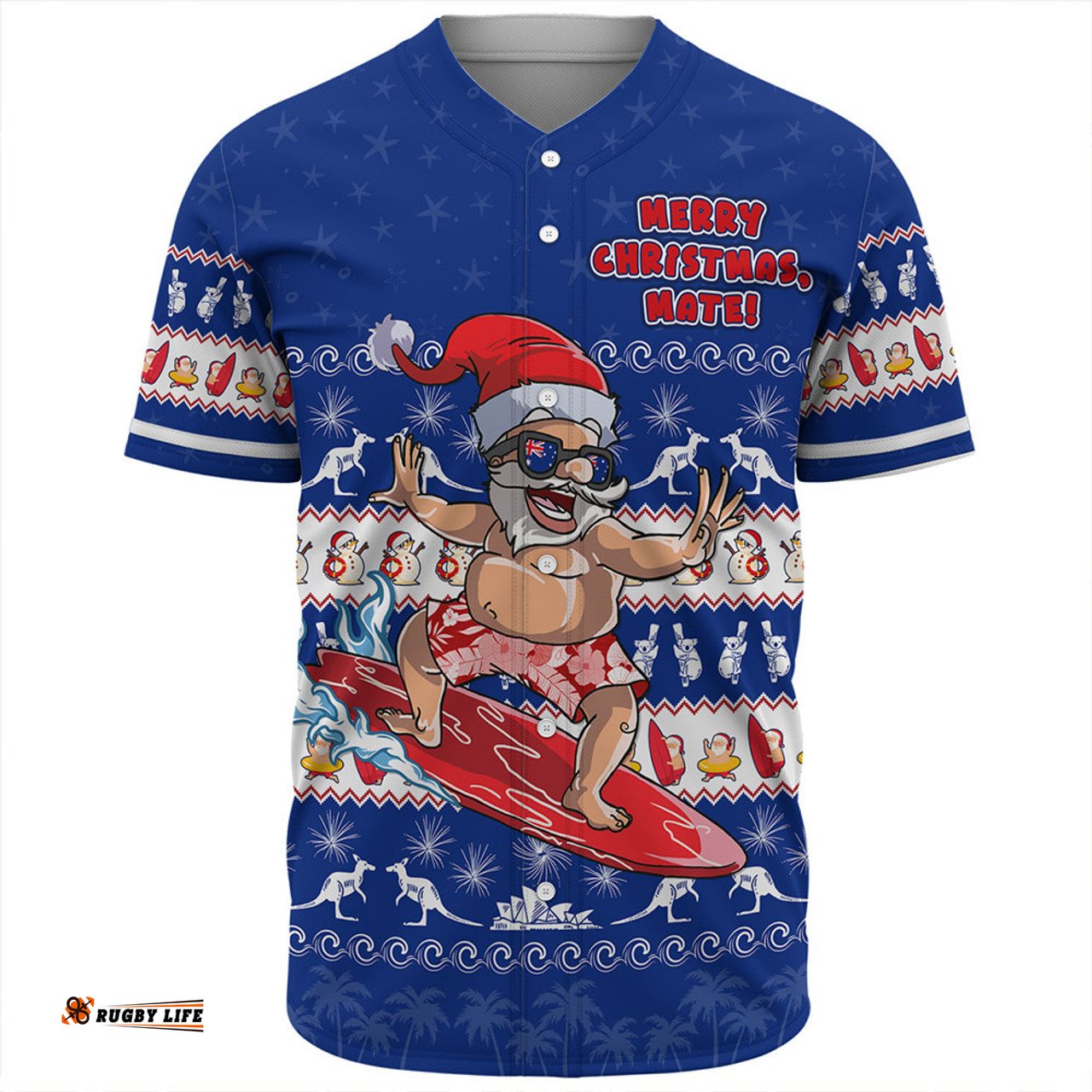 Amazing Aussie Australia Merry Christmas Mate Surf's Up Santa Blue Baseball Shirt