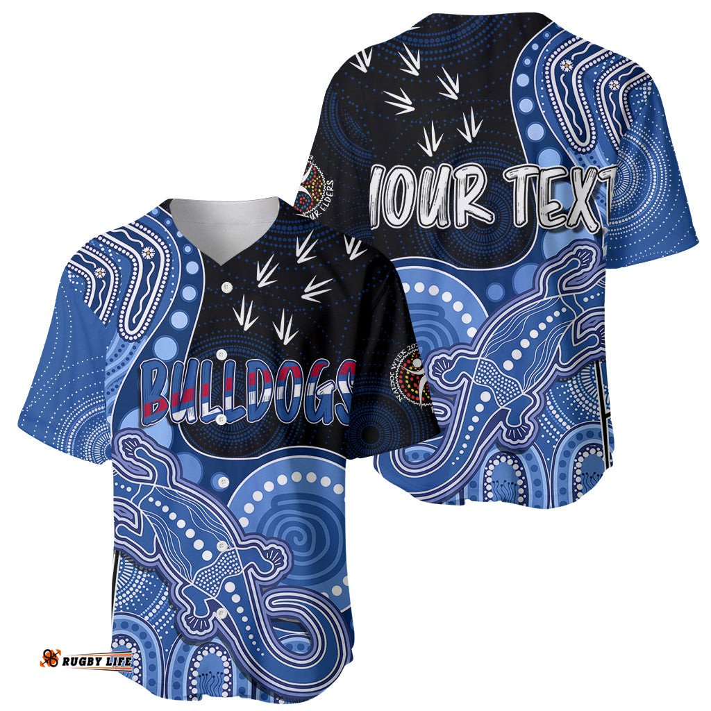 Personalised NAIDOC Week AFL Bulldogs Baseball Jersey Shirt Aboriginal Dot Art Lizard Mix Boomerang