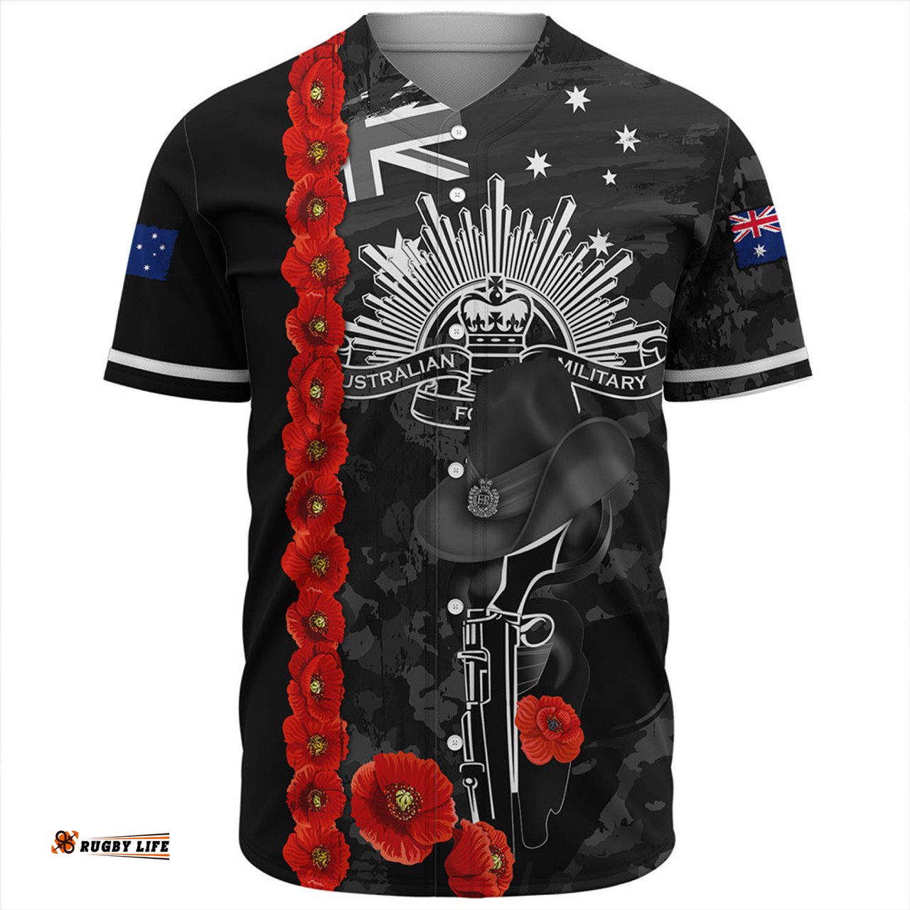Amazing Aussie Australia Poppy Line Anzac Memorial Black Baseball Shirt