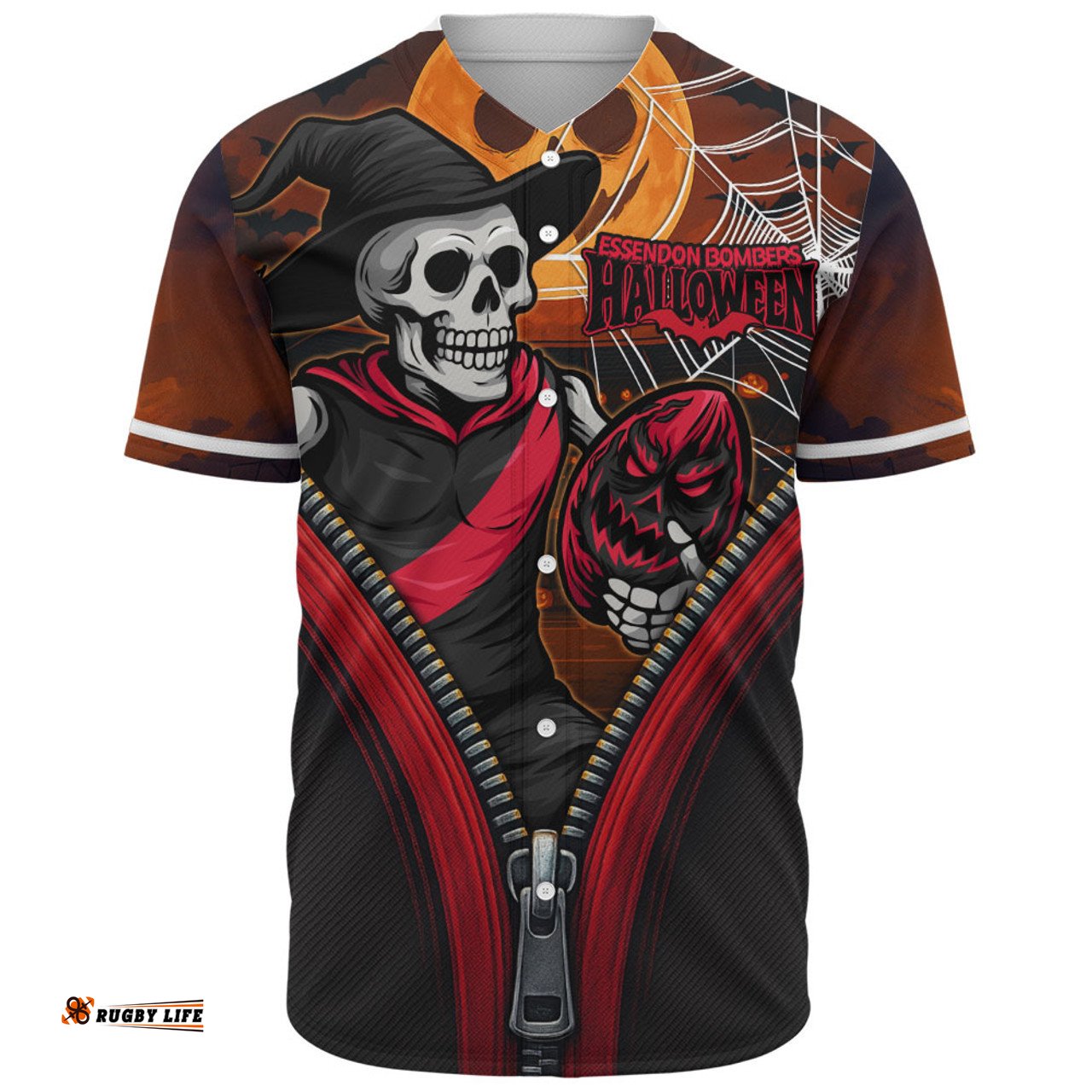 Amazing Aussie Essendon Halloween Night Reaper Zipper Baseball Shirt