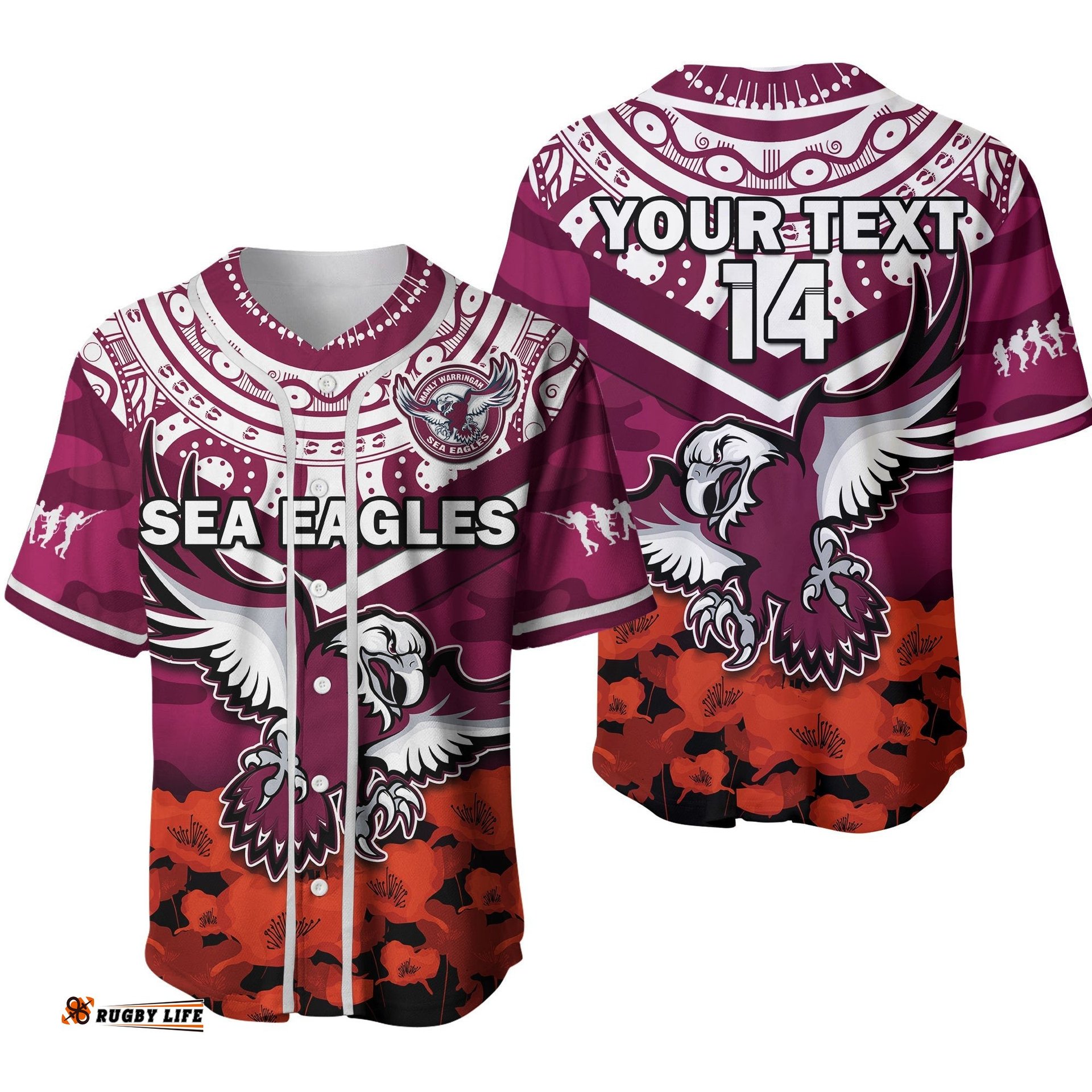 Custom Text And Number Sea Eagles Rugby ANZAC Rugby Baseball Jersey Shirt Camouflage Mix Indigenous Ver.02