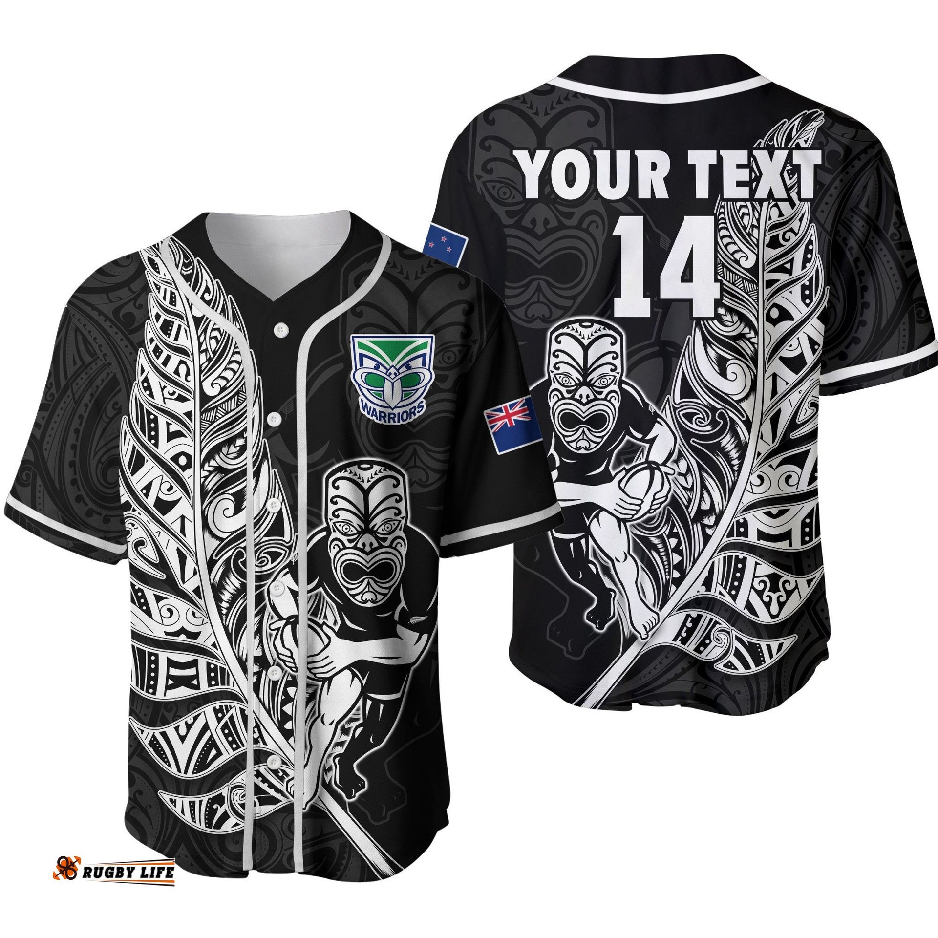 Custom Text And Number New Zealand Tiki Rugby Baseball Jersey Shirt NZ Warriors Fern Maori Style Ver.02
