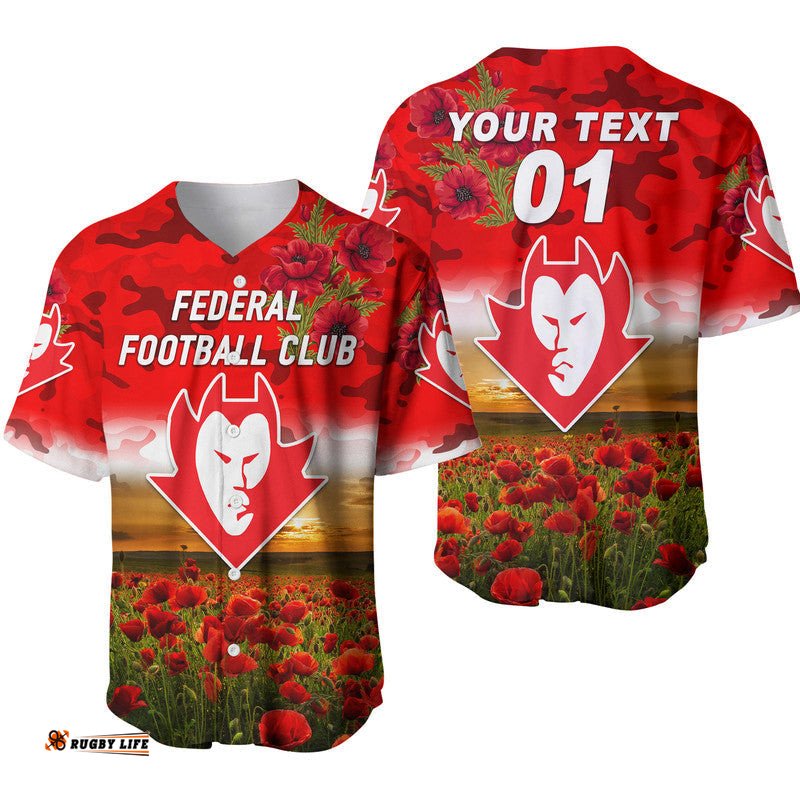 Custom Personalised Federal Football Club ANZAC Baseball Jersey Shirt Poppy Vibes