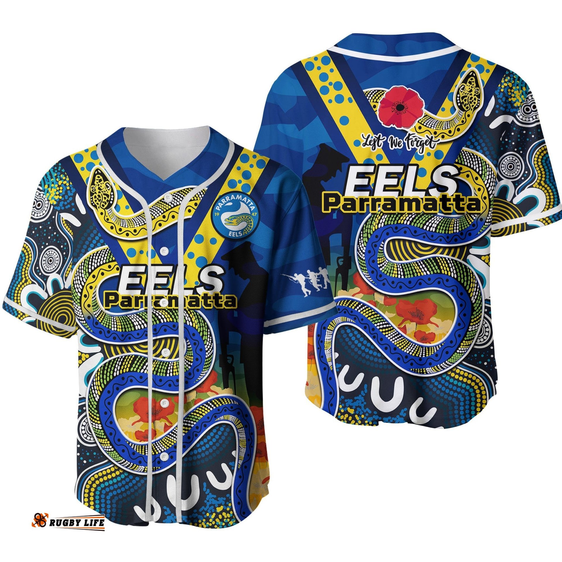 Eels Rugby ANZAC Baseball Jersey Shirt Aboriginal Mix Poppy Lest We Forget Ver.02