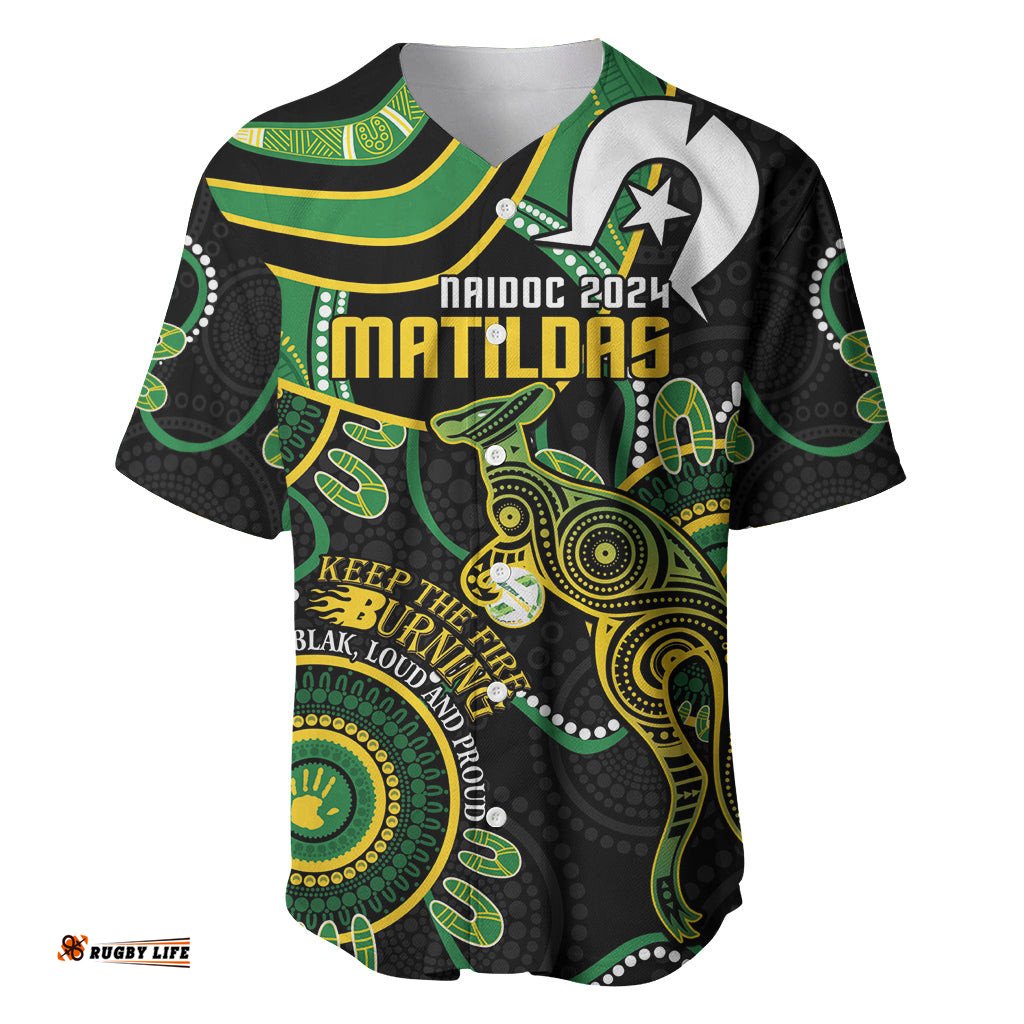 Custom Matildas NAIDOC Week Baseball Jersey Shirt Australia Kangaroo Keep The Fire Burning Black