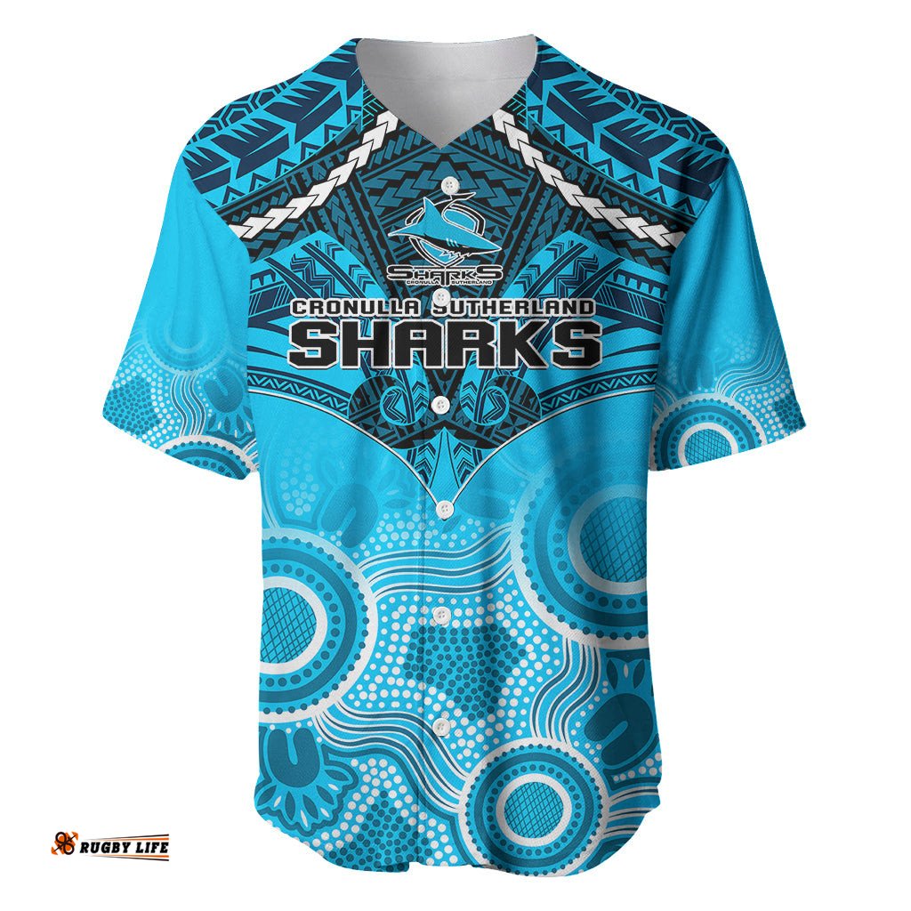 Sharks Rugby Baseball Jersey Shirt Go Sharkies Aboriginal Mix Polynesian Pattern
