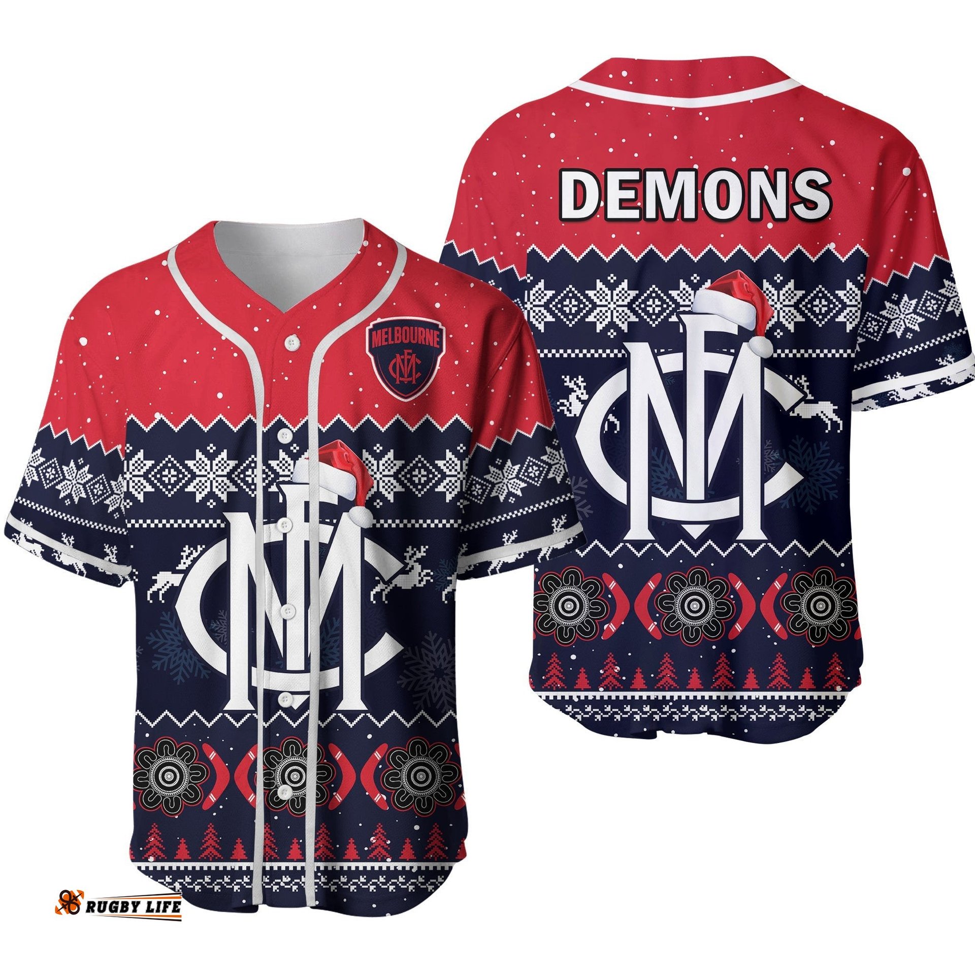 Melbourne Football Baseball Jersey Shirt Demons Indigenous Merry Christmas Ver.02