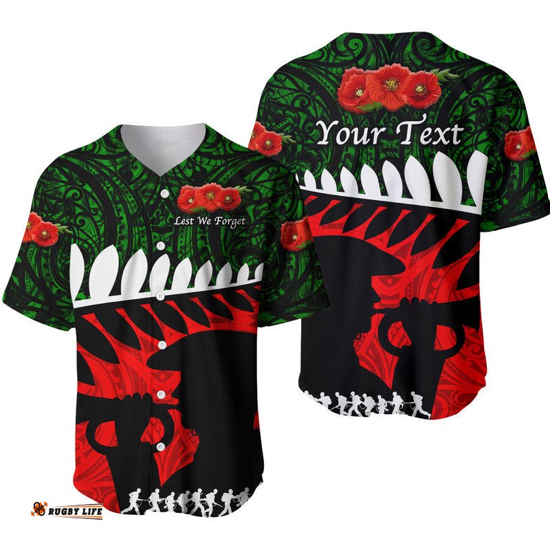 Custom Personalised New Zealand Maori ANZAC Baseball Jersey Shirt Remembrance Soldier Green