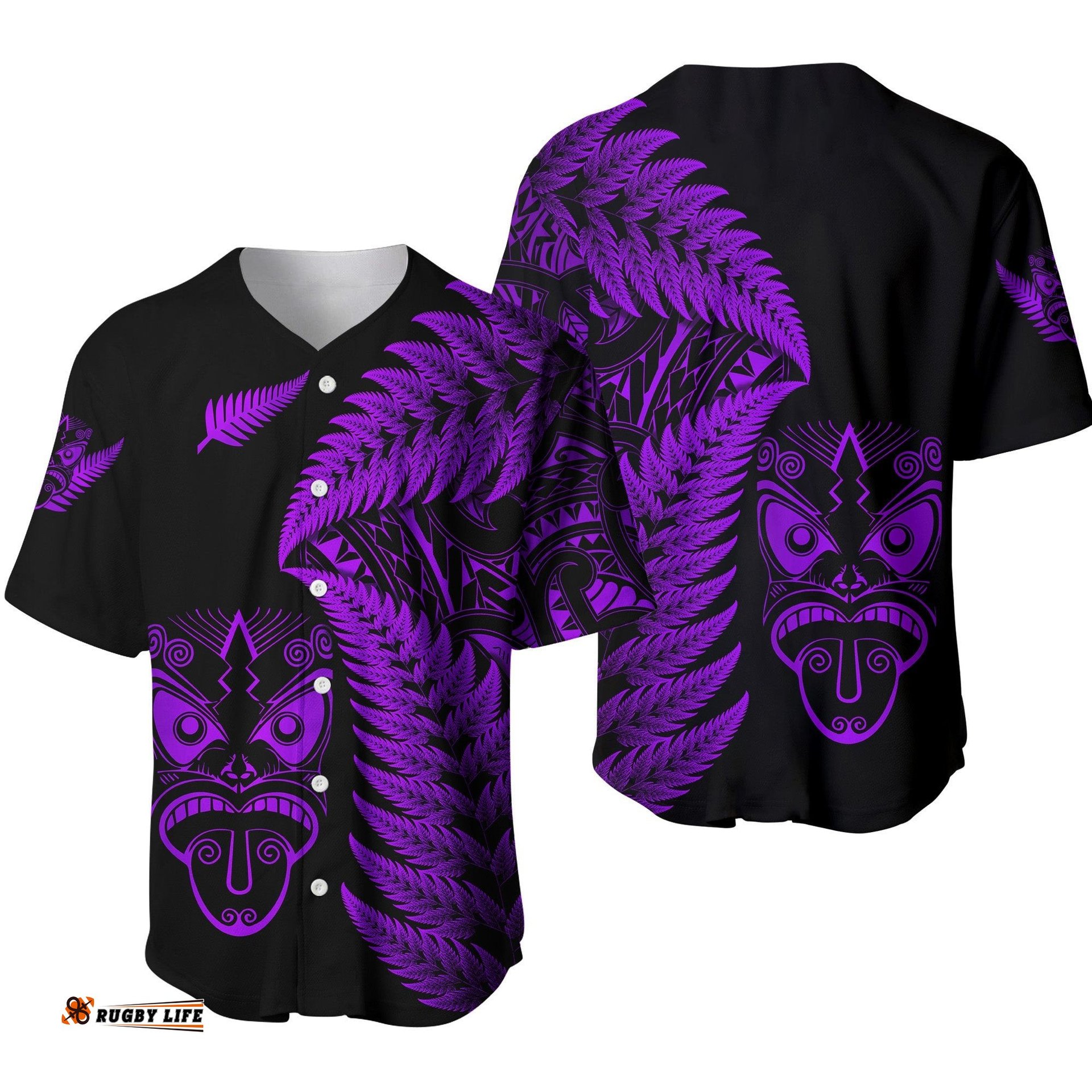 New Zealand Haka Rugby Maori Baseball Jersey Shirt Silver Fern Vibes Purple