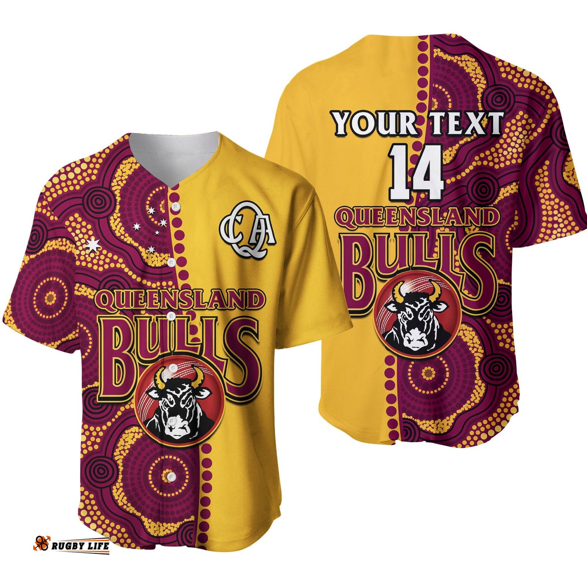 Custom Text And Number Queensland Cricket Baseball Jersey Shirt Bulls Sheffield Shield Indigenous Ver.01