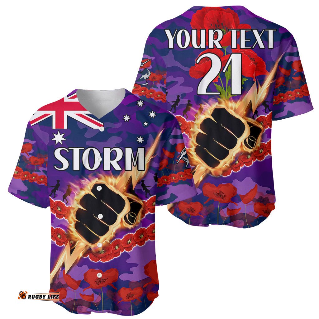 Custom Text And Number Storm Rugby ANZAC Baseball Jersey Shirt Lest We Forget