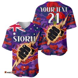Custom Text And Number Storm Rugby ANZAC Baseball Jersey Shirt Lest We Forget