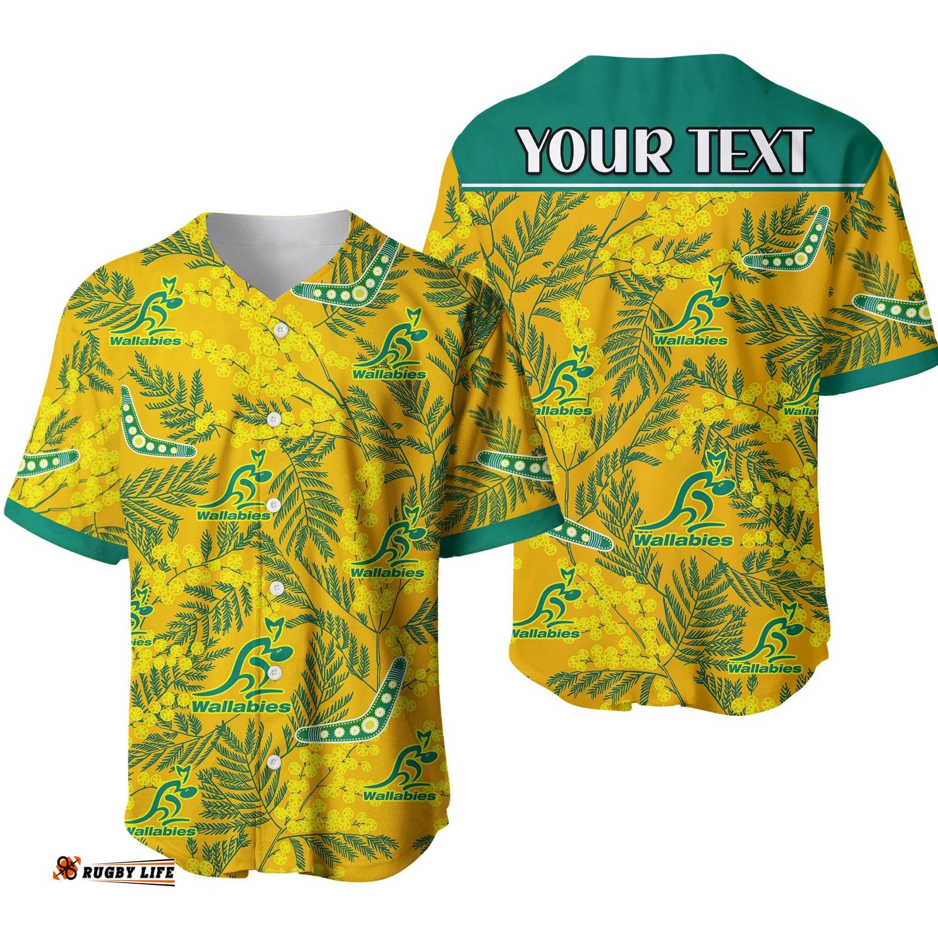 Custom Personalised Wallabies Rugby Baseball Jersey Shirt Golden Wattle Aboriginal Boomerang Style Hawaii Ver.01