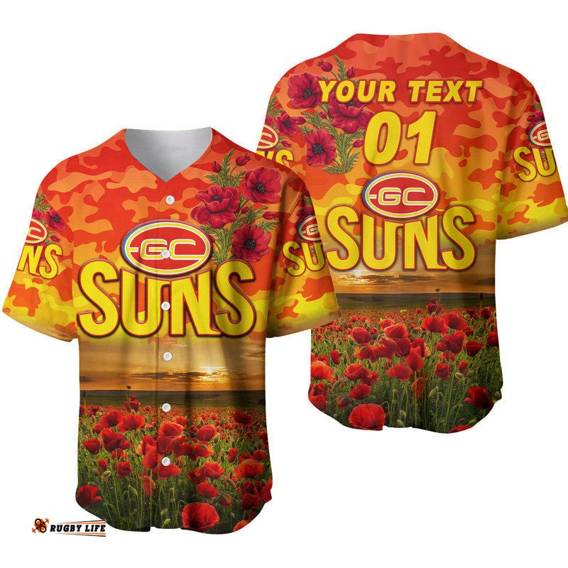 Custom Personalised Gold Coast Suns ANZAC Baseball Jersey Shirt Poppy Vibes