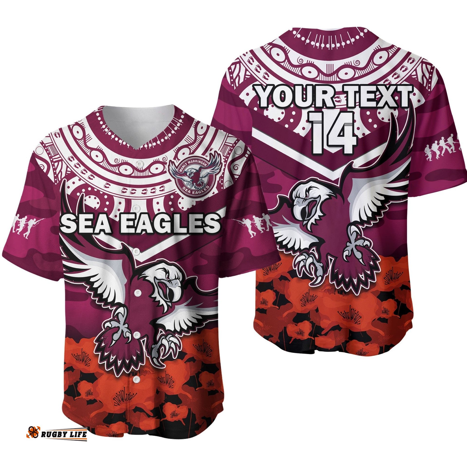 Custom Text And Number Sea Eagles Rugby ANZAC Rugby Baseball Jersey Shirt Camouflage Mix Indigenous Ver.01