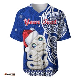 Custom Personalised New Zealand Christmas Baseball Jersey Shirt Hei Tiki Blue Pohutukawa Meri Kirihimete