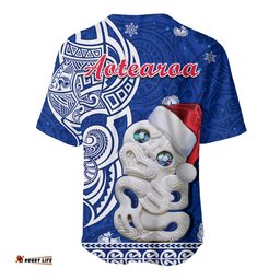 Custom Personalised New Zealand Christmas Baseball Jersey Shirt Hei Tiki Blue Pohutukawa Meri Kirihimete