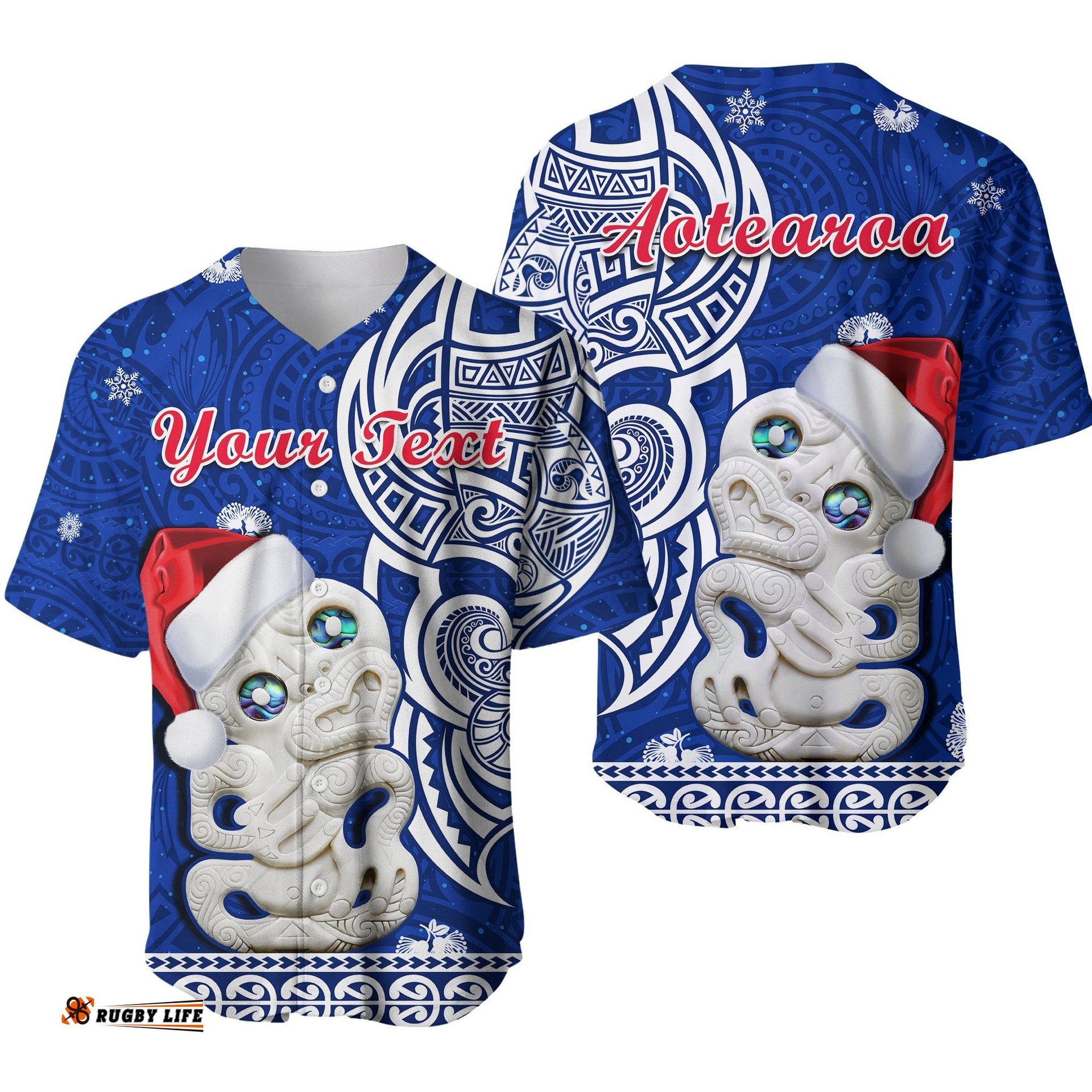 Custom Personalised New Zealand Christmas Baseball Jersey Shirt Hei Tiki Blue Pohutukawa Meri Kirihimete