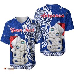 Custom Personalised New Zealand Christmas Baseball Jersey Shirt Hei Tiki Blue Pohutukawa Meri Kirihimete