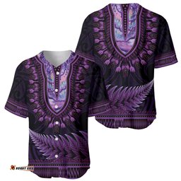 Purple African Dashiki With Aotearoa Maori Baseball Jersey Shirt Paua Shell Mix Silver Fern