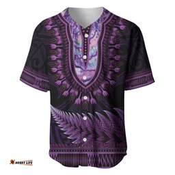Purple African Dashiki With Aotearoa Maori Baseball Jersey Shirt Paua Shell Mix Silver Fern