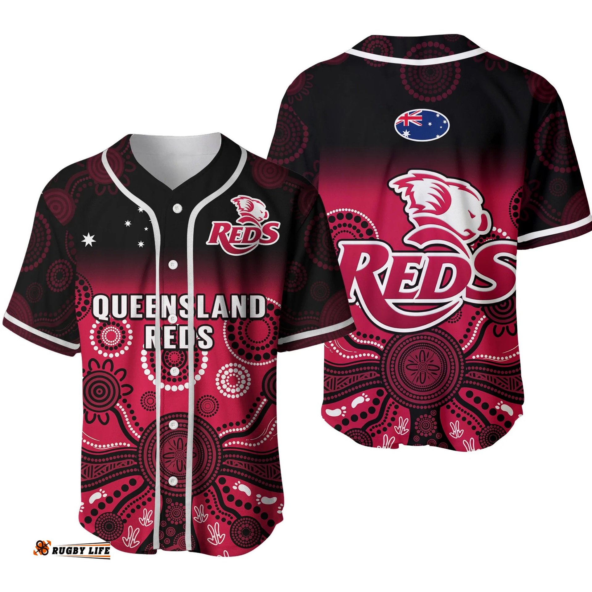 Queensland Reds Rugby Baseball Jersey Shirt Gradient Aboriginal Ver.02