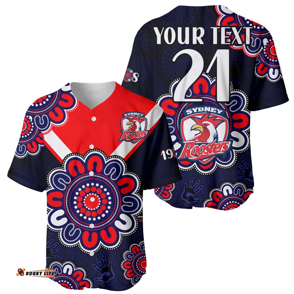 Custom Personalised NRL Sydney Roosters Rugby 1908 Aboriginal Baseball Jersey Shirt