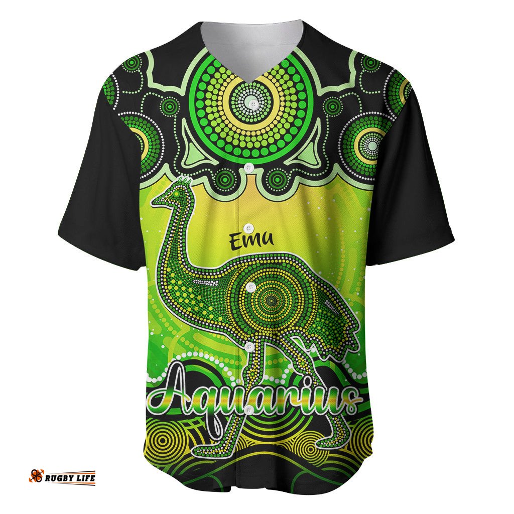 Personalised Australia Aquarius Emu Zodiac Baseball Jersey Shirt Auz Astrology Aboriginal Green
