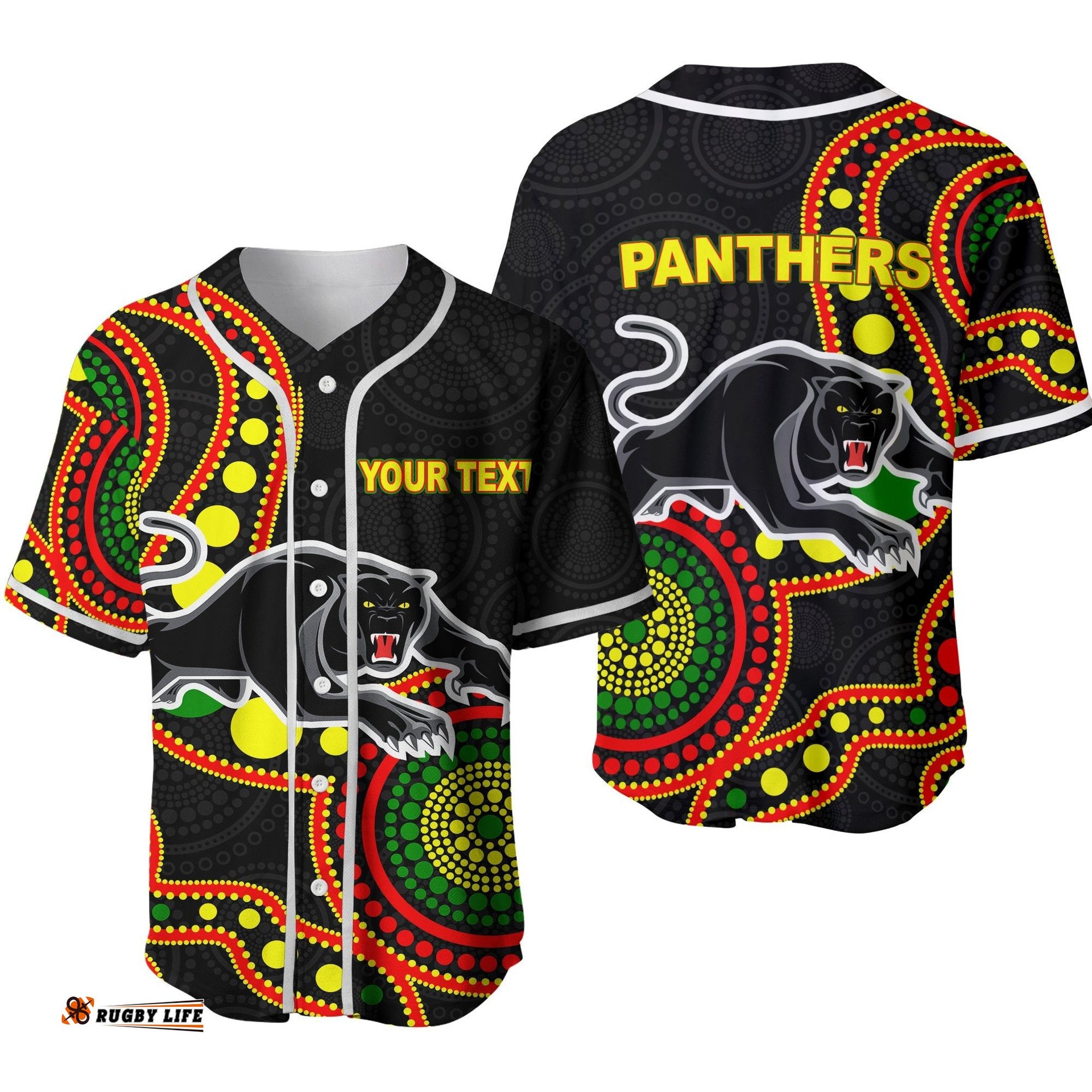 Custom Personalised Panthers Baseball Jersey Shirt Aboriginal Dot Painting