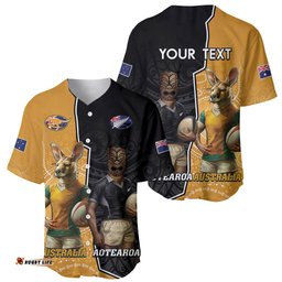 Personalised New Zealand And Australia Rugby Baseball Jersey Shirt 2024 All Black Wallabies Mascots Together