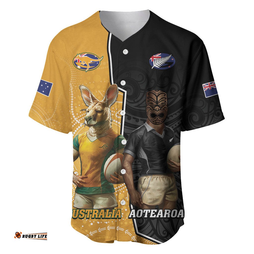 Personalised New Zealand And Australia Rugby Baseball Jersey Shirt 2024 All Black Wallabies Mascots Together
