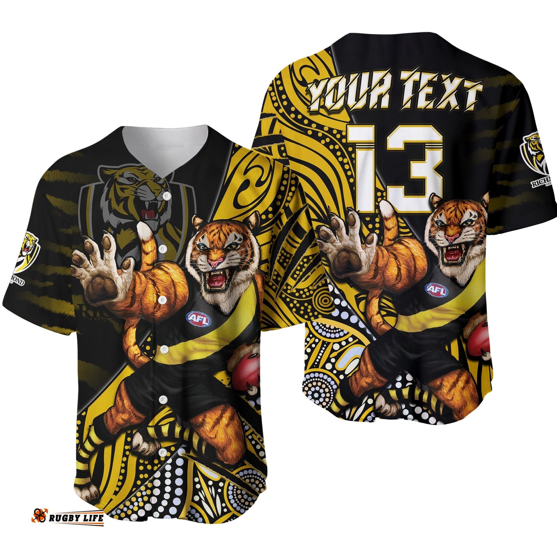 Custom Text and Number Richmond Football Baseball Jersey Shirt Aboriginal Go The Tigers Mascot