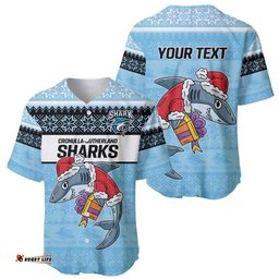 NRL Cronulla Sutherland Christmas Personalised Baseball Jersey Shirt with Sharkies Santa