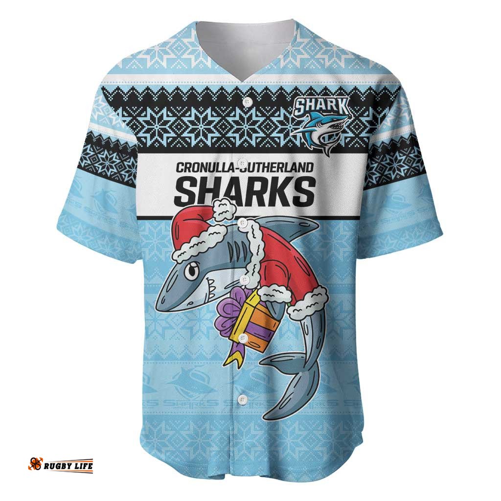 NRL Cronulla Sutherland Christmas Personalised Baseball Jersey Shirt with Sharkies Santa