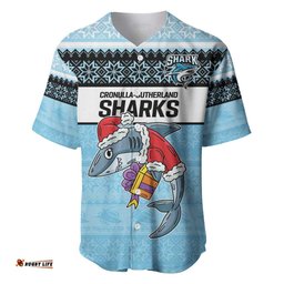 NRL Cronulla Sutherland Christmas Personalised Baseball Jersey Shirt with Sharkies Santa
