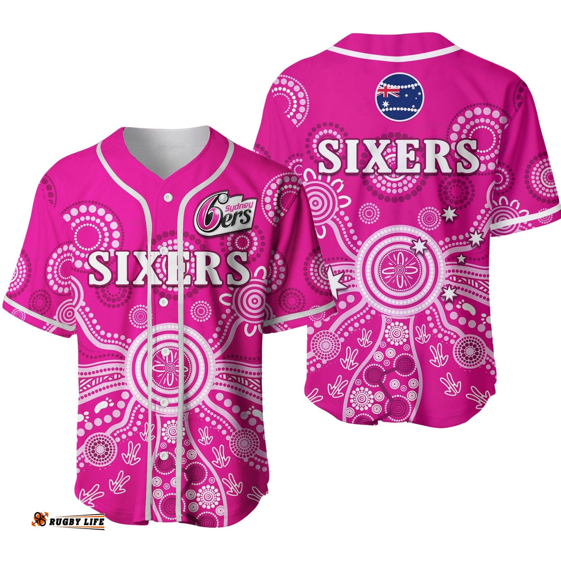 Sydney Sixers Baseball Jersey Shirt Cricket Indigenous Australian Art Strip Ver.02