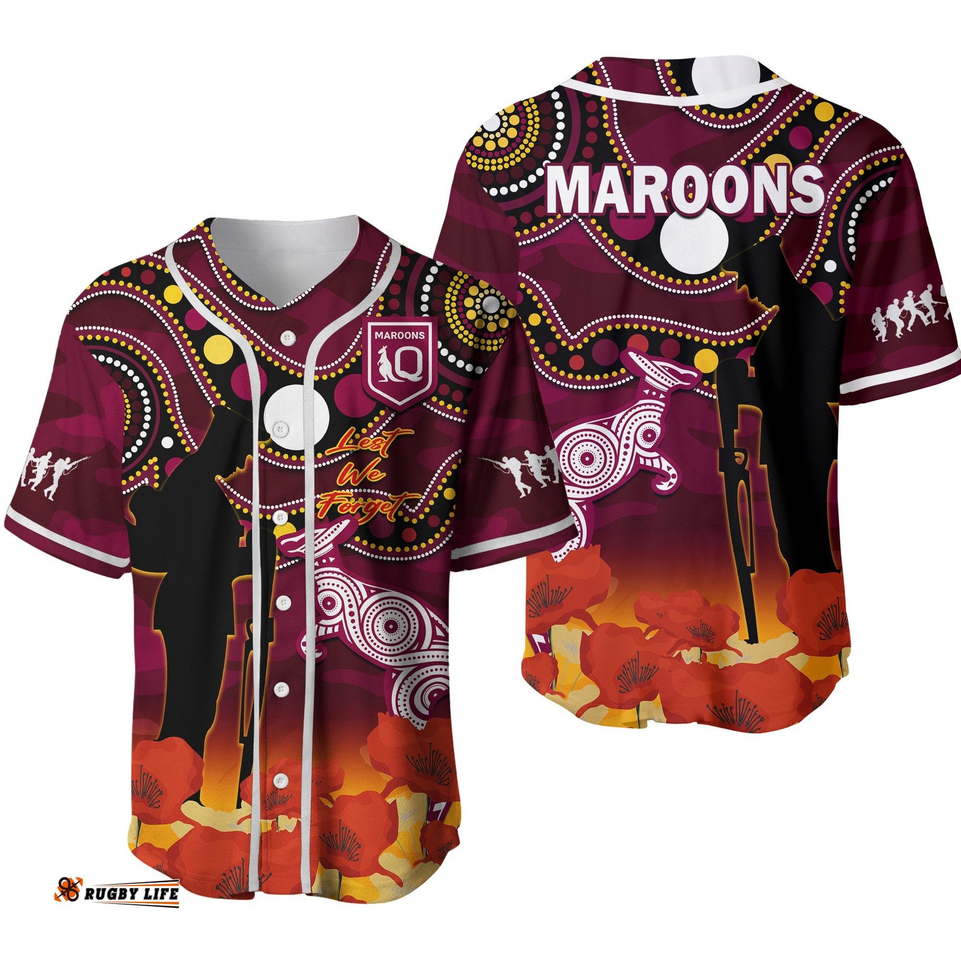 Maroons Rugby ANZAC Baseball Jersey Shirt QLD Aboriginal Mix Poppy Camouflage Ver.02