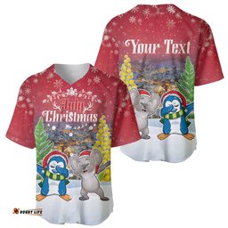 Personalised Christmas In July Baseball Jersey Shirt Funny Dabbing Dance Koala And Blue Penguins