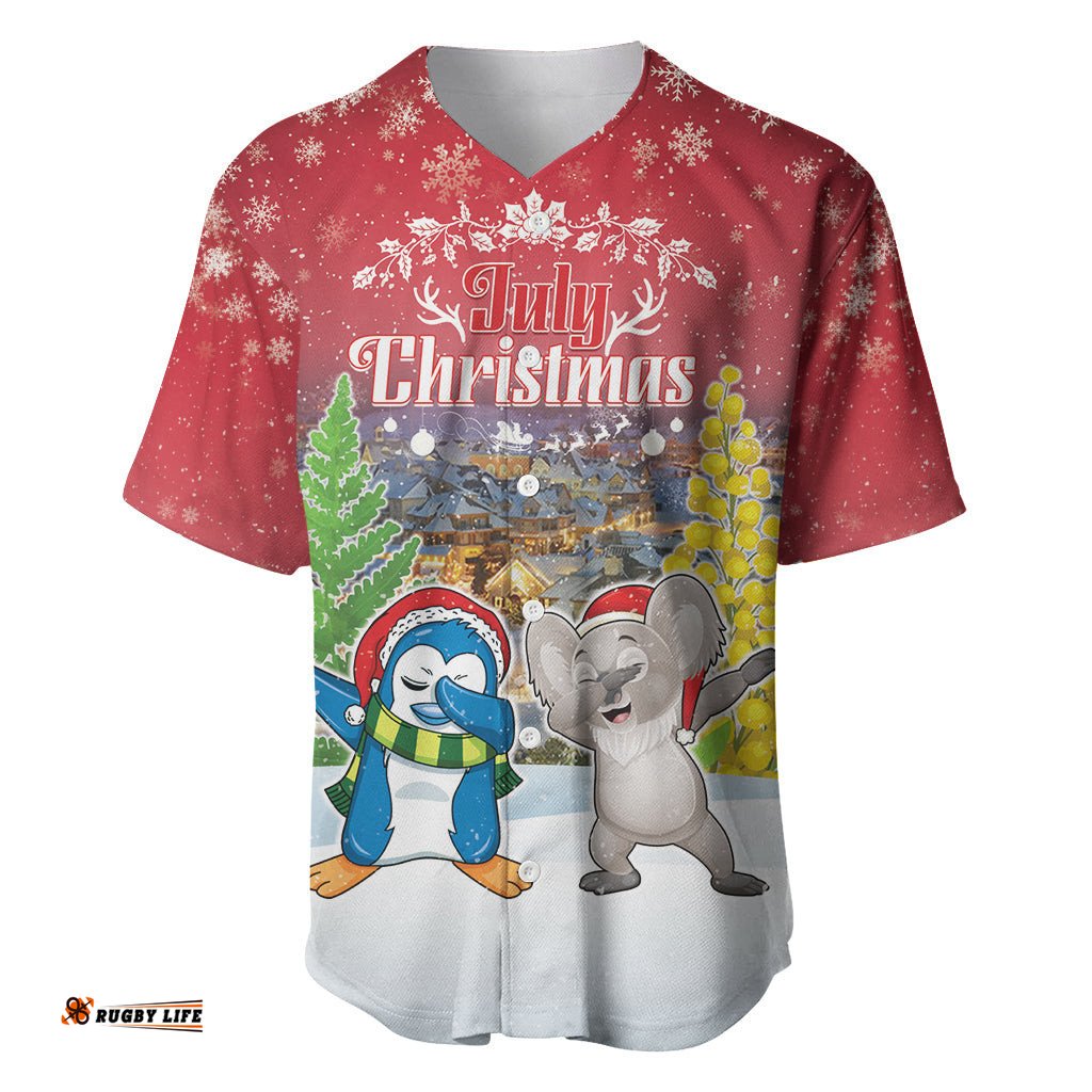 Personalised Christmas In July Baseball Jersey Shirt Funny Dabbing Dance Koala And Blue Penguins