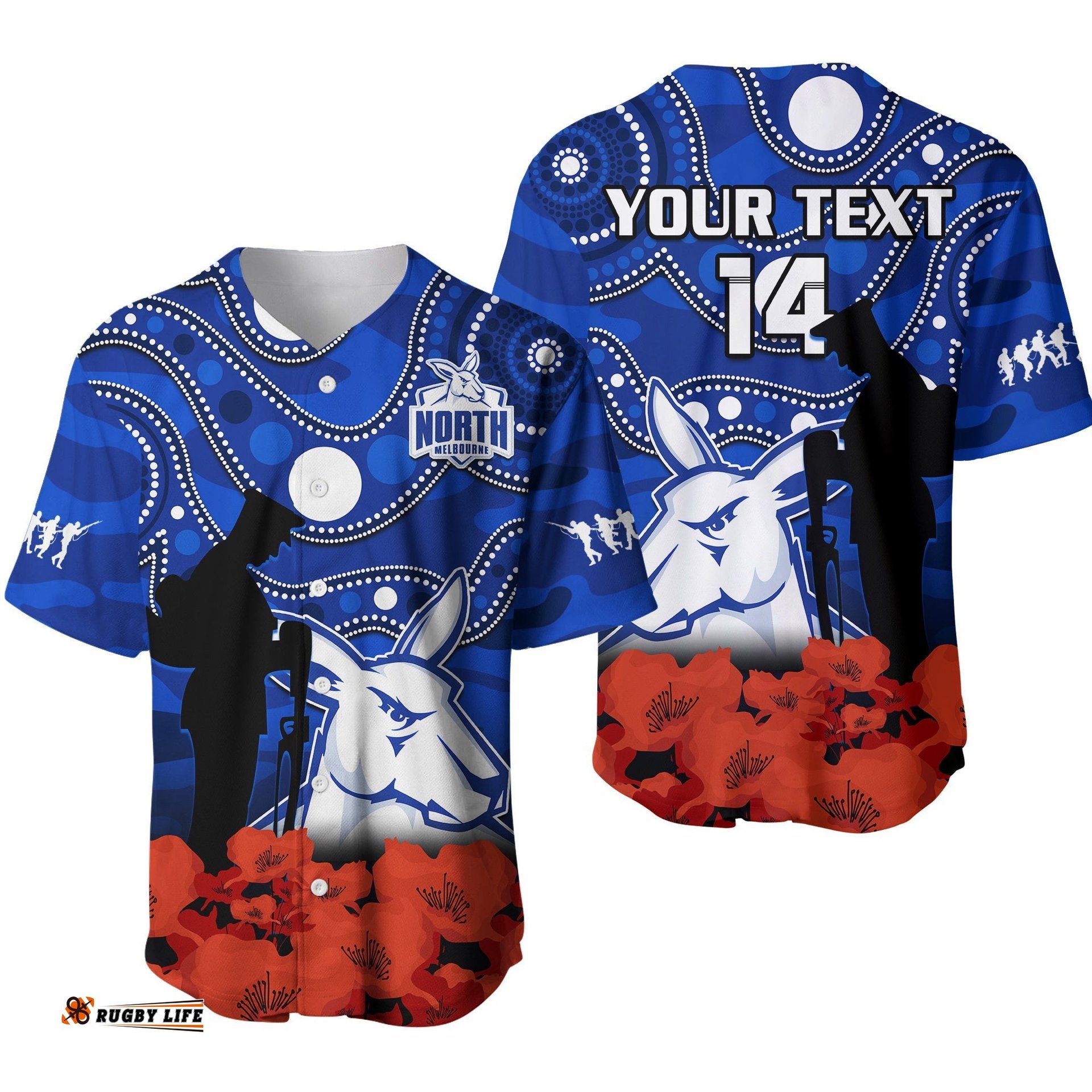 Custom Text And Number North Melbourne Football ANZAC Baseball Jersey Shirt Kangaroos Aboriginal Mix Poppy Camouflage Ver.01