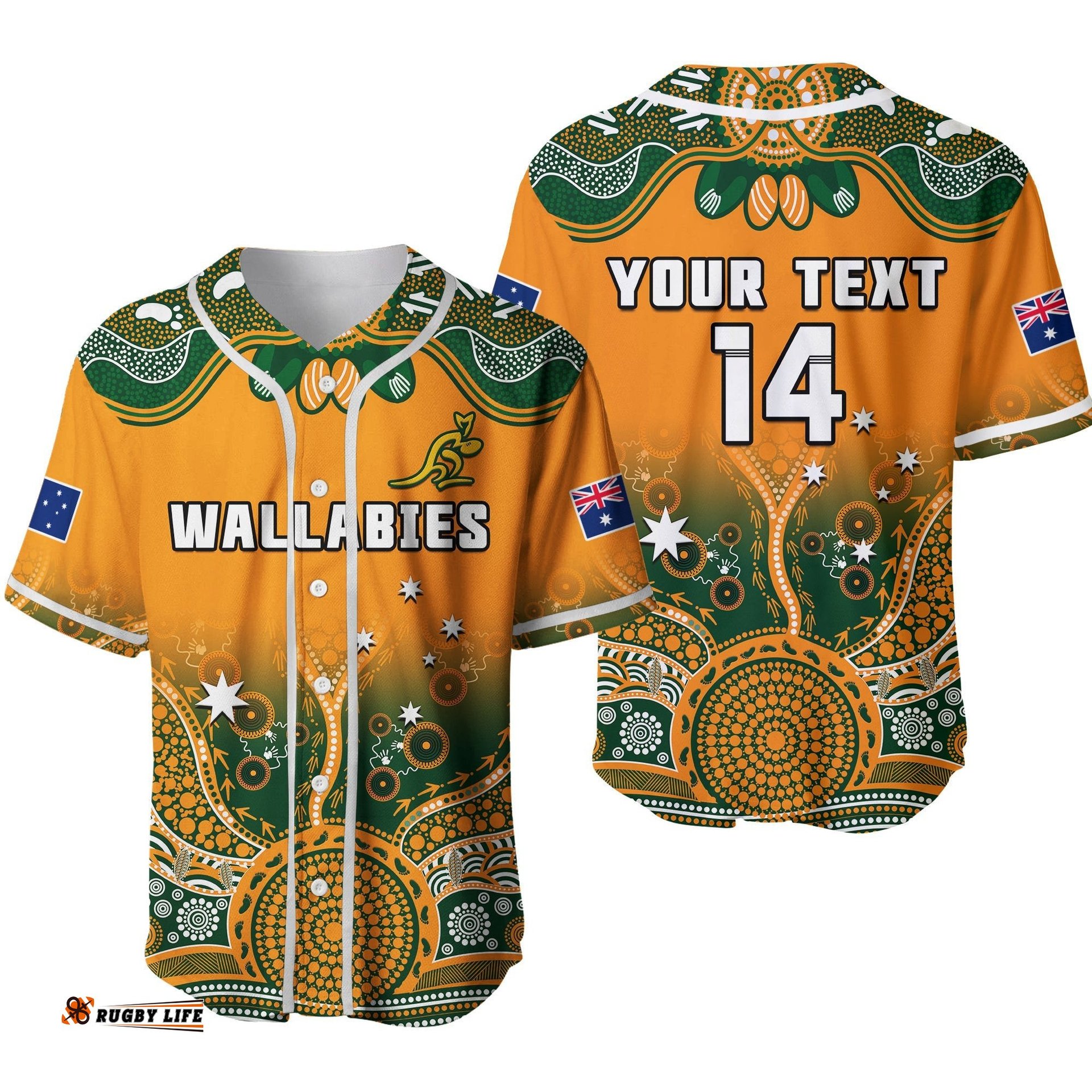 Custom Text And Number Australia Rugby Baseball Jersey Shirt Wallabies Kangaroo Orange Aboriginal Ver.02