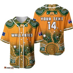 Custom Text And Number Australia Rugby Baseball Jersey Shirt Wallabies Kangaroo Orange Aboriginal Ver.02
